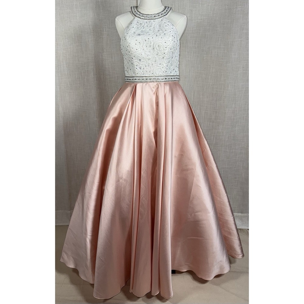 Madison James Sz 4 White Pink Beaded Halter Neck Lace Satin Prom Ball Gown Dress
